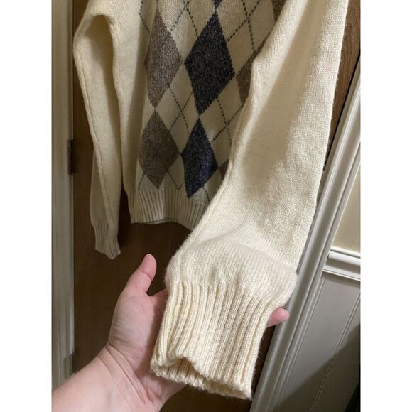 Vintage Par Four Sportswear Ivory Argyle Print Wool V-Neck Sweater Tall LT 42-44 - Picture 7 of 11